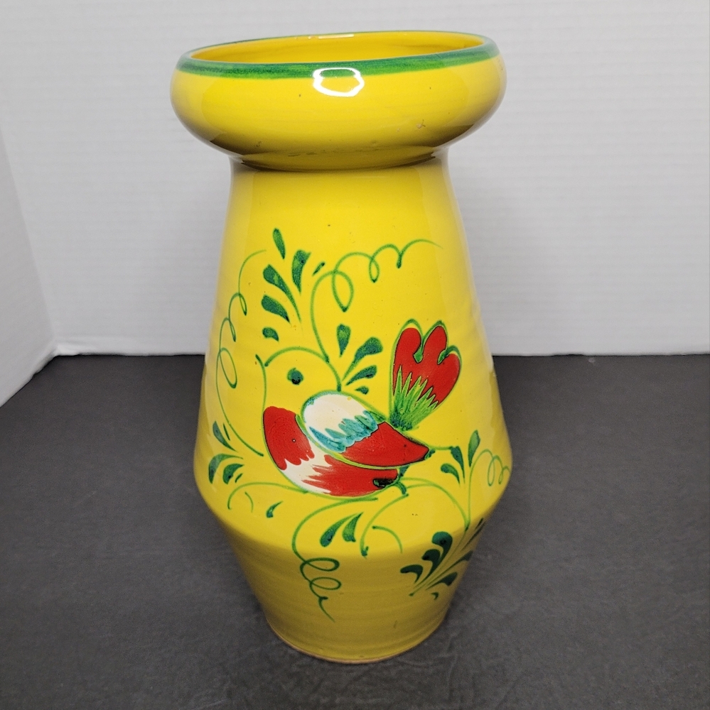 Handpainted Yellow Vase with Red Bird Made in Italy Beautiful